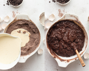 Side by side images of a white mixing bowl. Left side shows cream colored wet ingredients being added to chocolate dry ingredients. Right side shows ingredients all mixed to form cake batter.