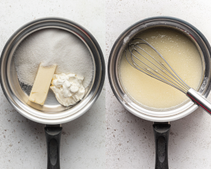 Side by side images of silver sauce pan. Left side shows butter, sour cream, and buttermilk in the pan. Right side shows all ingredients melted with a whisk in the pan.