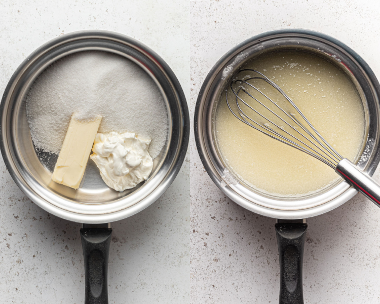 Side by side images of silver sauce pan. Left side shows butter, sour cream, and buttermilk in the pan. Right side shows all ingredients melted with a whisk in the pan.