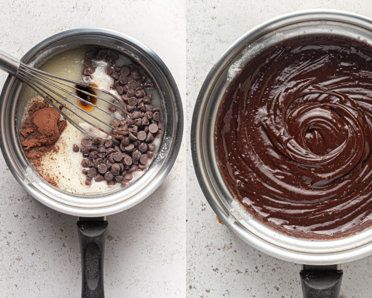 Side by side images of a silver sauce pan. Left side shows cocoa powder, vanilla, and chocolate chips added to a cream colored base with a whisk on top. Right side shows all ingredients melted to make a smooth chocolate frosting.