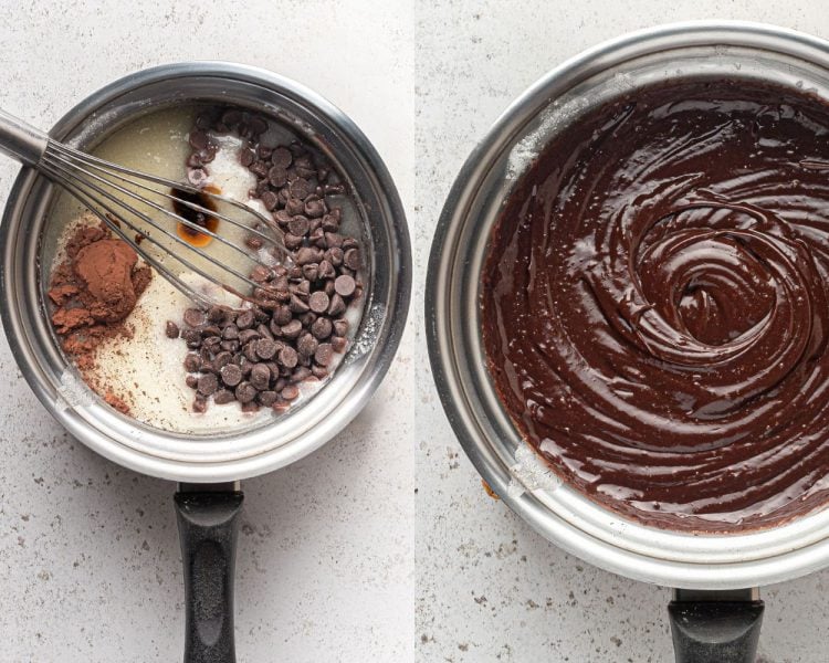 Side by side images of a metal sauce pan. Left side shows chocolate chips, melted butter, cocoa powder, and vanilla with a whisk. Right side shows those ingredients melted and mixed together to make a chocolate frosting.