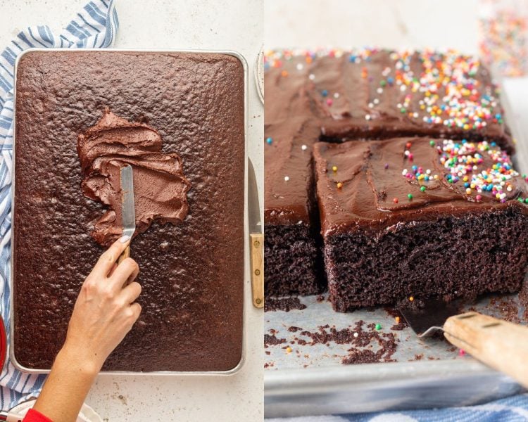 Two images side by side. Left side shows a sheet pan with chocolate cake and a hand holding an offset spatula putting chocolate frosting on top. Right side shows a square piece of chocolate cake being lifted from the pan.