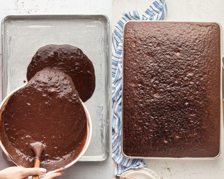 Side by side images. Left side shows chocolate cake batter being poured into a half sheet pan. Right side shows the chocolate cake baked.