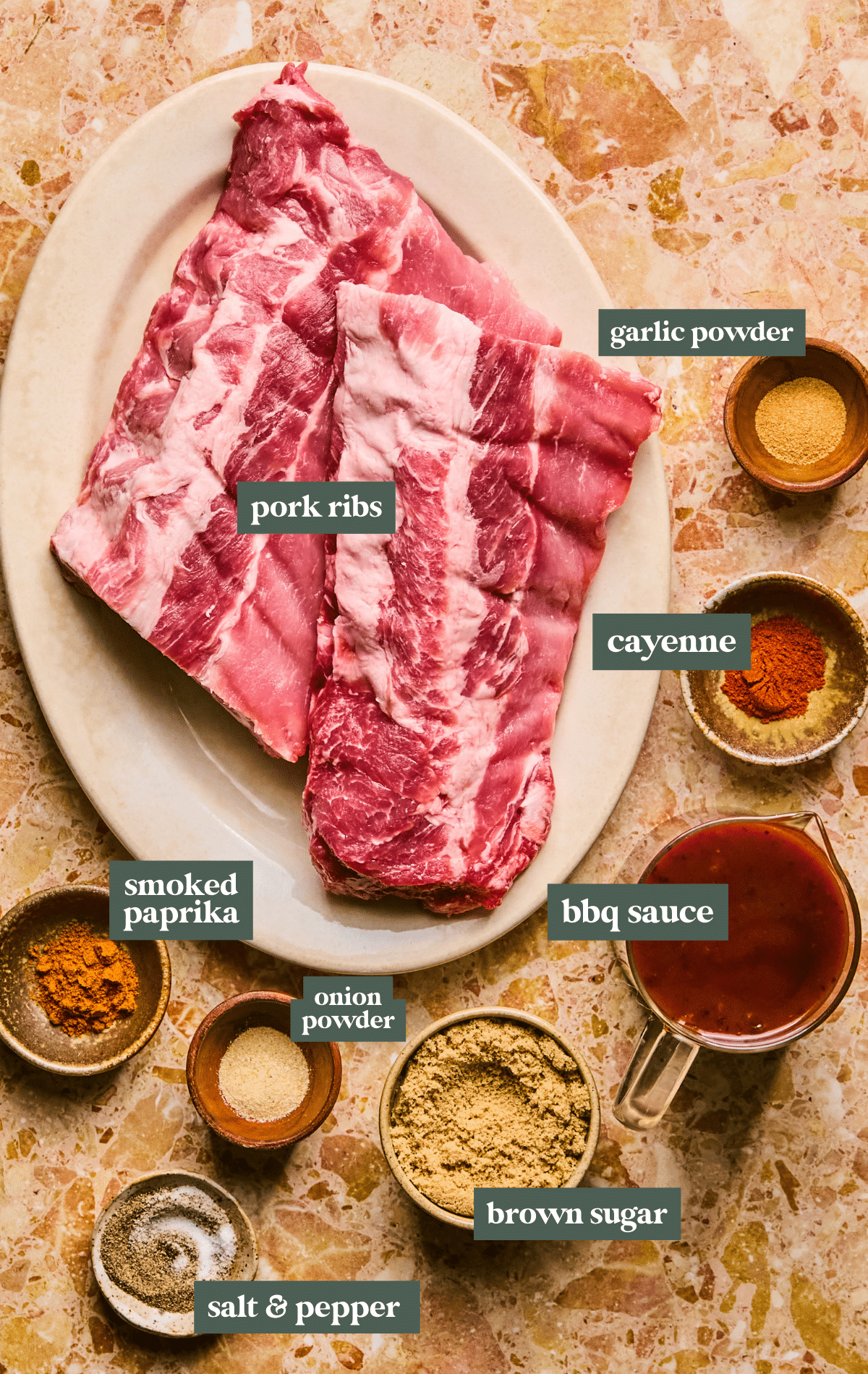 ingredients to make pork ribs in small glass dishes.