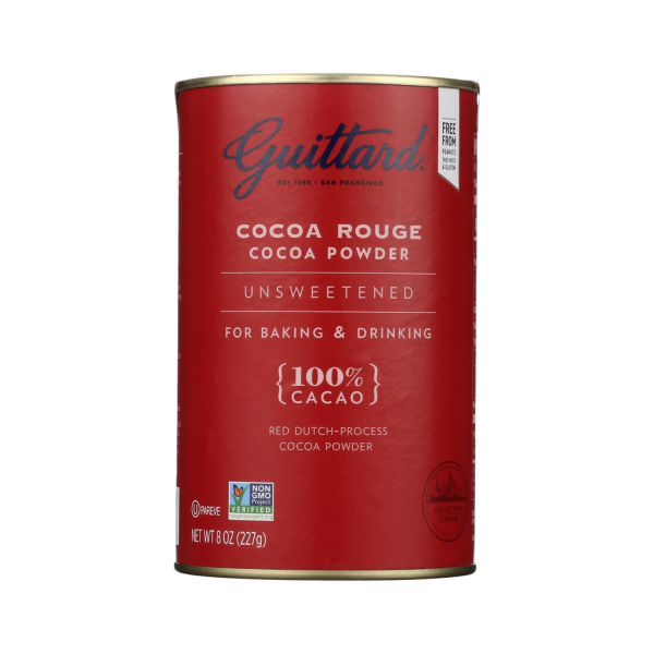 Red canister of Guittard's dutch-process cocoa powder.