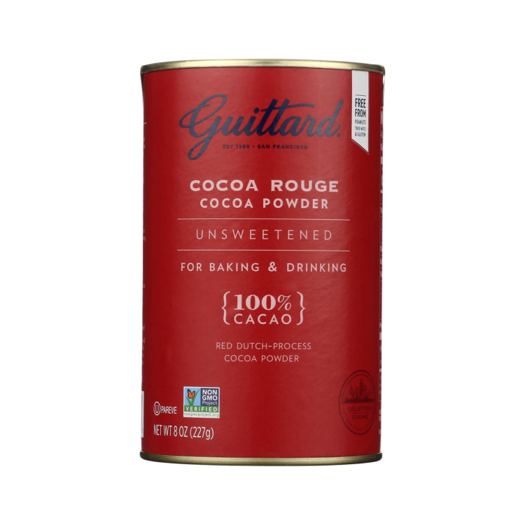 Red canister of Guittard's dutch-process cocoa powder.