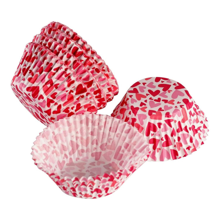 Cupcake liners with pink and red hearts.