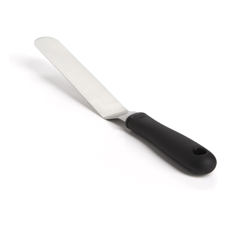 Offset spatula with black handle.