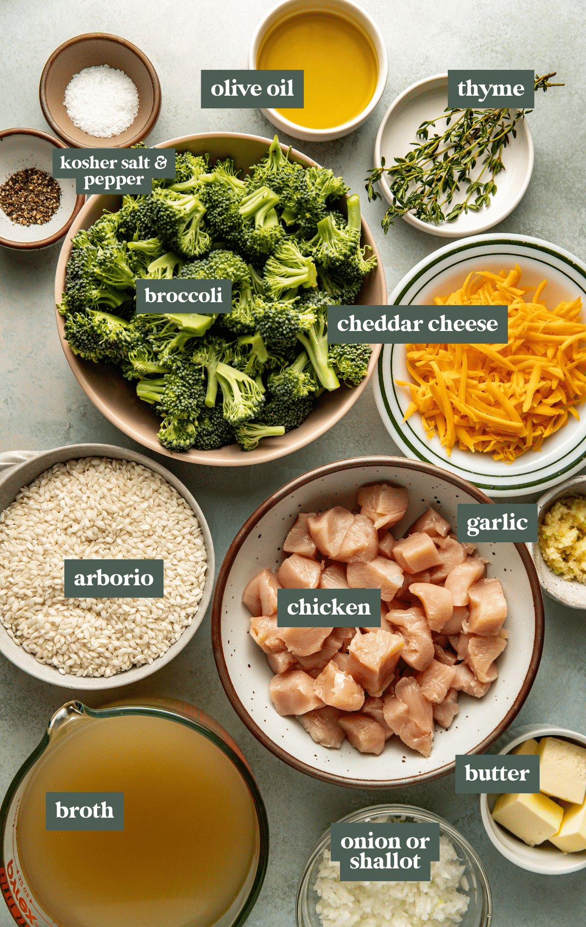 Flat lay of ingredients for a homemade chicken and broccoli risotto, including fresh broccoli florets, diced raw chicken, Arborio rice, shredded cheddar cheese, chicken broth, butter, minced garlic, chopped onions, olive oil, fresh thyme, salt, and pepper, arranged on a light-colored surface.