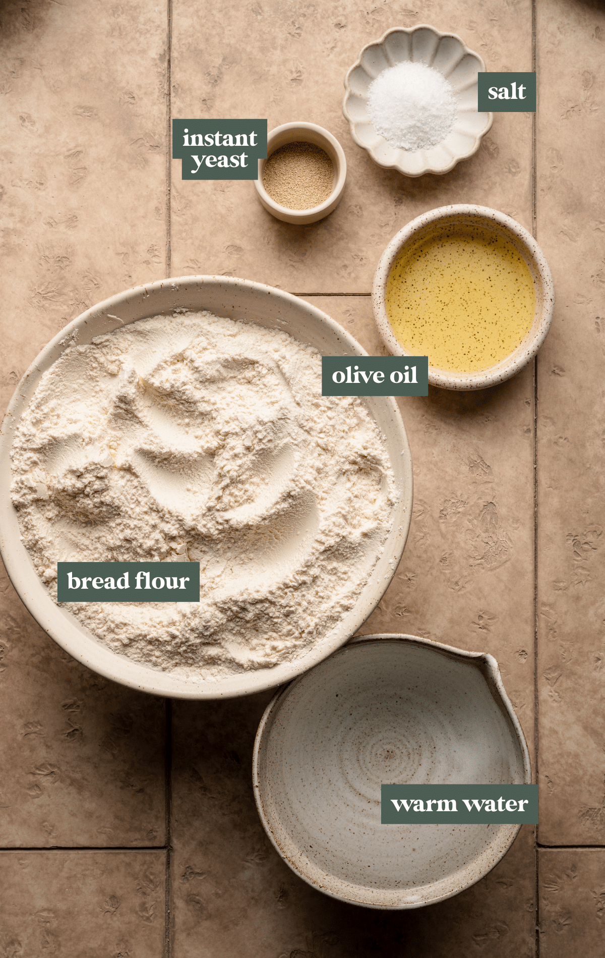 A top-down view of the main ingredients for no-knead bread, including a bowl of bread flour, a small dish of instant yeast, a pinch bowl of salt, a small bowl of olive oil, and a separate bowl of warm water, all arranged on a tiled surface.