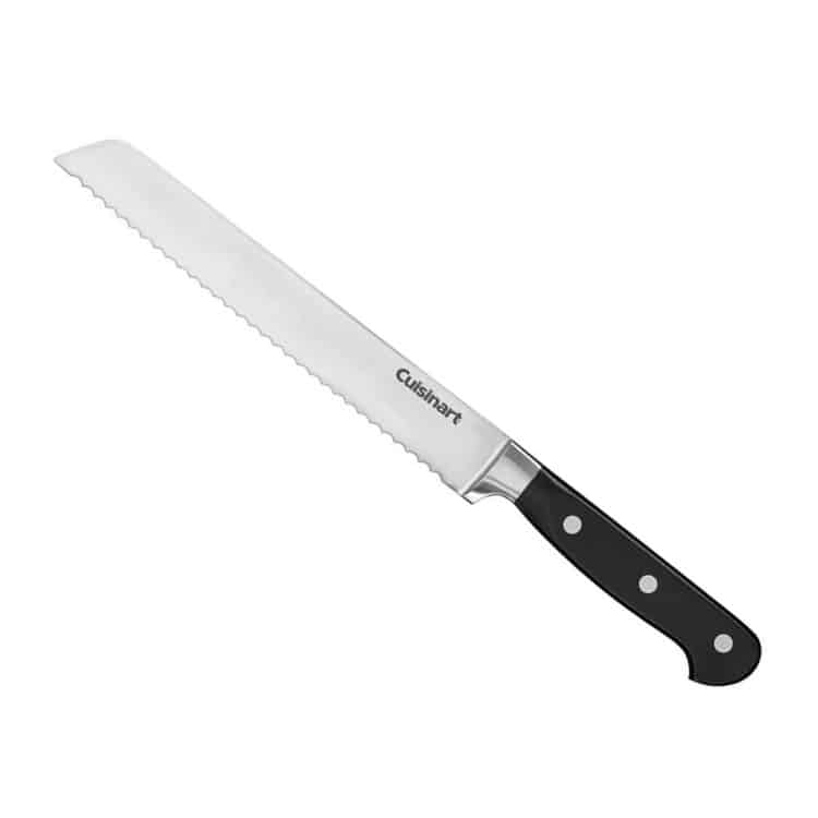 Silver bread knife with black handle.