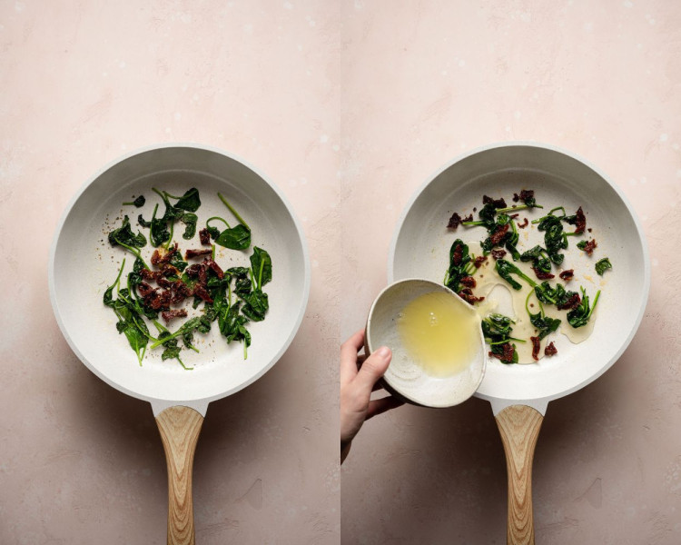 Two images of a white frying pan. Left image shows spinach and sun-dried tomatoes in the pan. Right side shows the spinach and sun-dried tomatoes with a hand pouring in a bowl of egg whites.