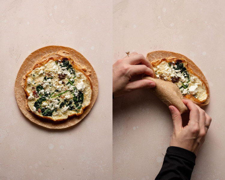 Two images side by side. Left side shows a whole wheat tortilla topped with a sundried tomato spread and egg white mixture with spinach, sun dried tomatoes, and feta. Right side image shows hands rolling the whole wheat tortilla like a burrito.