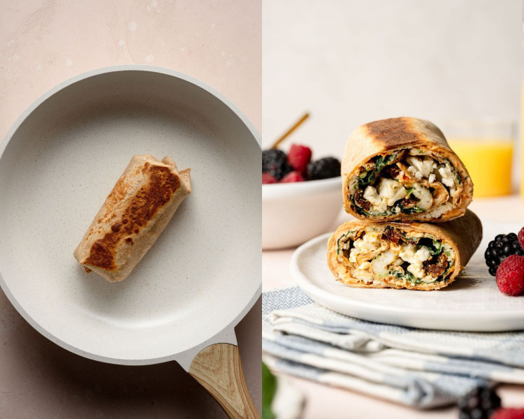 Two images side by side. Left side image is a white frying pan with a whole wheat wrap like a burrito in it. Right side shows a whole wheat tortilla wrap filled with an egg white, spinach, feta, and sun dried tomato filling, cut in half on a white plate.