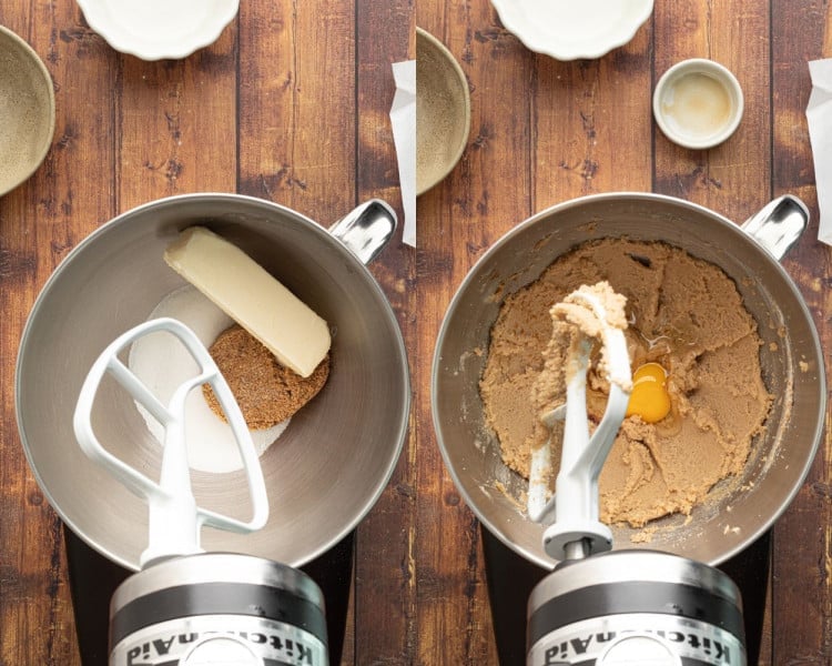 A side-by-side image showing two steps of making cookie dough in a stand mixer. On the left, a mixing bowl contains granulated sugar, brown sugar, and a stick of butter before mixing. On the right, the creamed sugar and butter mixture has an egg added, ready to be mixed further. The background features a wooden surface with various bowls and ingredients.