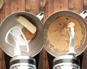 Side-by-side images of a stand mixer bowl. The left side shows butter, brown sugar, and white sugar before mixing, while the right side shows the creamed mixture after mixing.