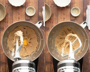 Side-by-side images of a mixing bowl. The left side shows an egg being added to the creamed butter and sugar, while the right side shows the mixture after the egg has been incorporated.