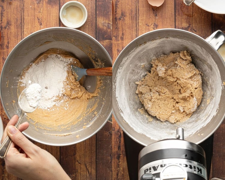 A person is adding spoonfuls of dry ingredients into the wet mixture in a stand mixer. The right side of the image shows the dough thickening after mixing in the dry ingredients.