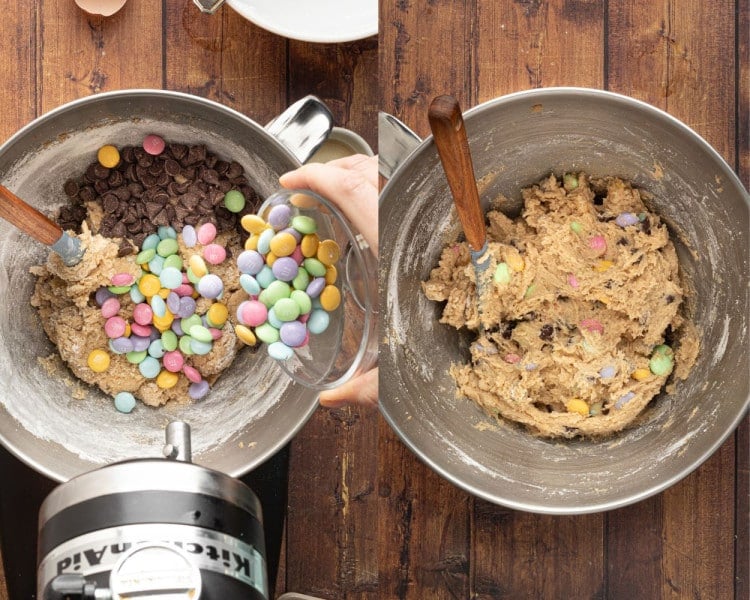 A bowl of cookie dough with chocolate chips and colorful pastel M&M candies being added. The right side shows the fully mixed dough with candies evenly distributed.