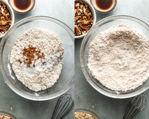 Side-by-side image of adding all the dry ingredients for cowboy cookies to a large glass mixing bowl then whisking together.