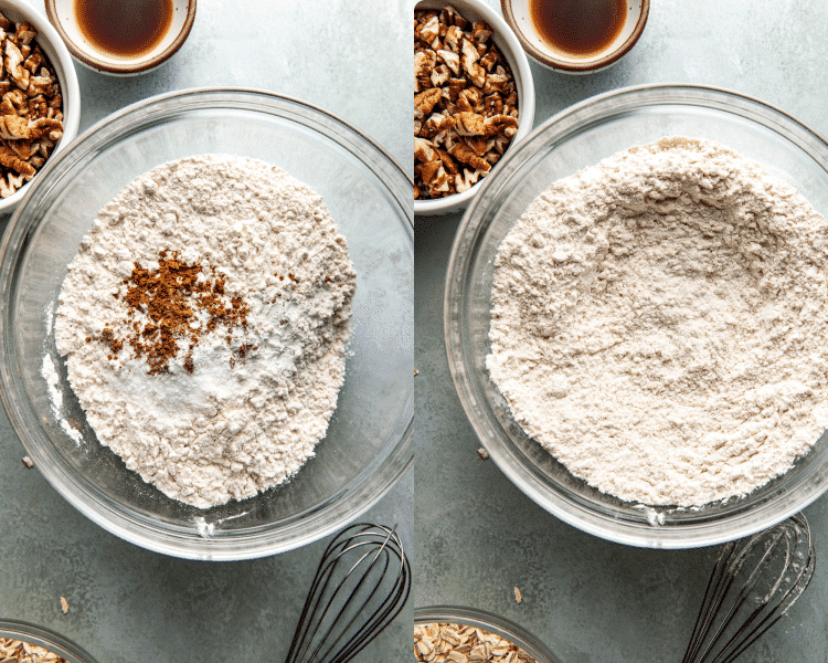 Side-by-side image of adding all the dry ingredients for cowboy cookies to a large glass mixing bowl then whisking together.