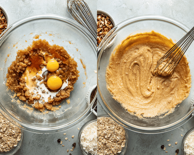 Side-by-side image of adding eggs, milk and vanilla to sugar mixture then whisking all ingredients together with a whisk in a glass mixing bowl.