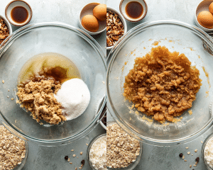 Side-by-side image of adding both sugars to the brown butter and mixing together in glass mixing bowl.
