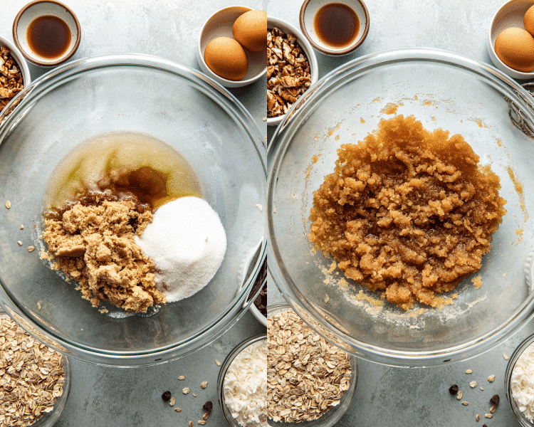 Side-by-side image of adding both sugars to the brown butter and mixing together in glass mixing bowl.