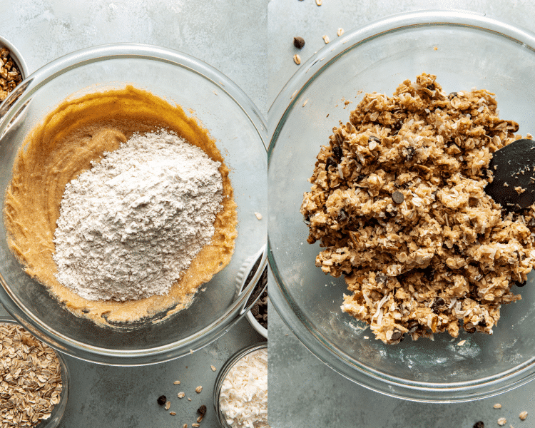 Side-by-side image of adding the dry ingredients for cowboy cookies to the wet ingredients then mixing all the remaining ingredients until dough forms in glass mixing bowl with spatula.