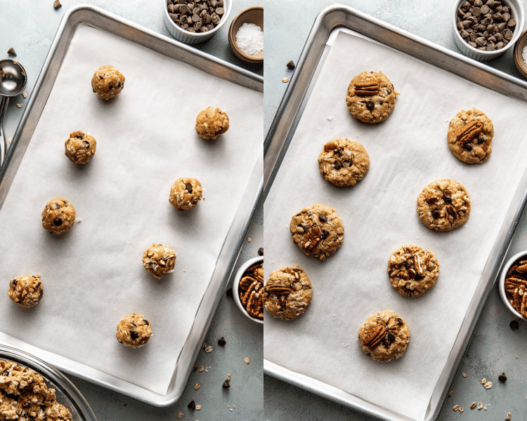 Side-by-side photo of cowboy cookie dough balls on parchment lined baking sheet then image showing baked cookies on baking tray.