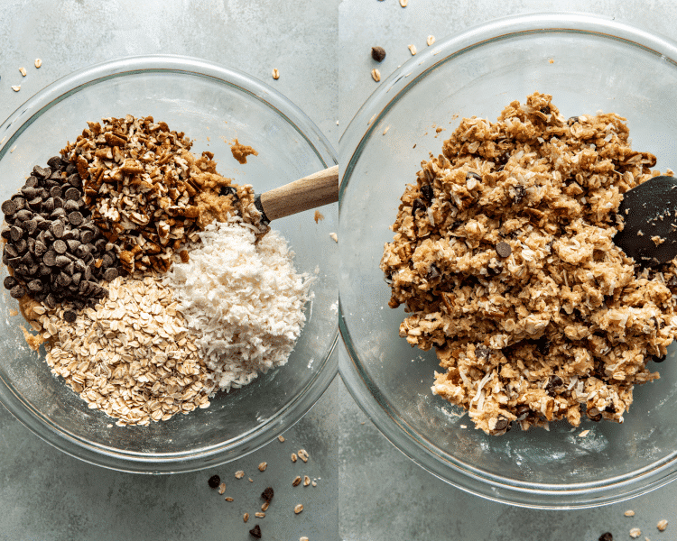 Side-by-side image of adding pecans, chocolate chips, oats and pecans to cookie dough and mixing together with spatula in glass mixing bowl.