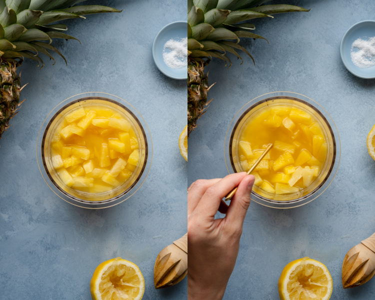 Side-by-side image of pouring ingredients into the ninja creami pint container for pineapple sorbet and mixing together with a gold spoon.