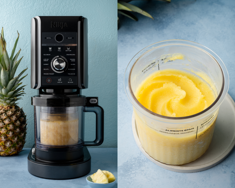 Side-by-side image of spinning pineapple sorbet in ninja creami machine and pint after running through the sorbet cycle.