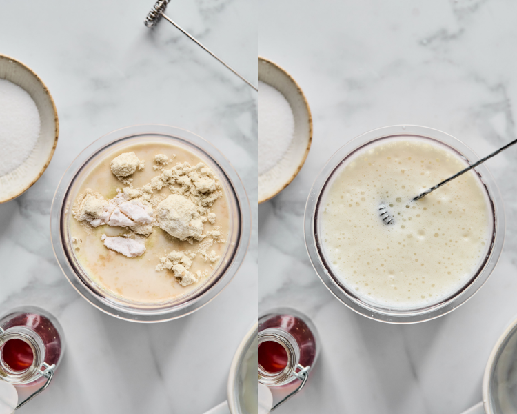 Side-by-side image of adding ingredients to ninja creami pint container and whisking together with electric milk frother.
