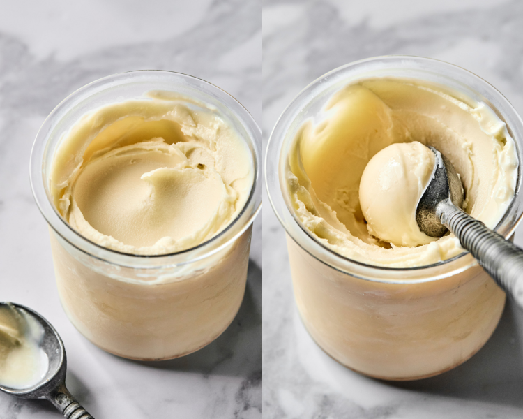 Side-by-side image of spinning ninja creami vanilla ice cream and scooping out a whole in the middle before adding mix-ins.