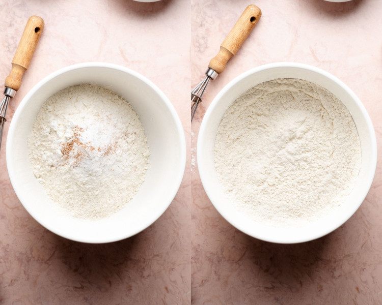 Side-by-side image showing dry ingredients in a white mixing bowl. Left: flour, baking soda, salt, and spices before mixing. Right: dry ingredients fully whisked together.