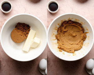Side-by-side image showing creaming butter and sugars. Left: brown sugar, white sugar, and butter in a bowl. Right: butter and sugars creamed until light and fluffy.