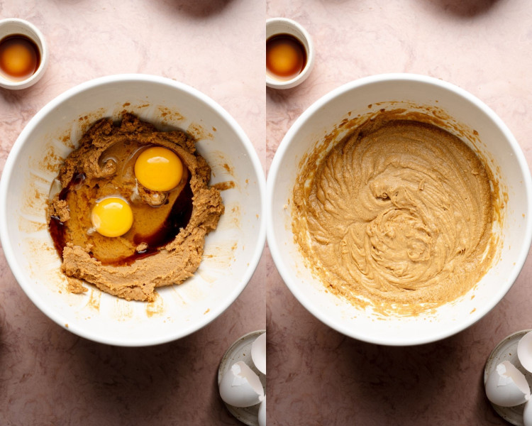 Side-by-side image showing the addition of eggs and vanilla. Left: two cracked eggs and vanilla extract added to the creamed butter mixture. Right: batter fully mixed and smooth.