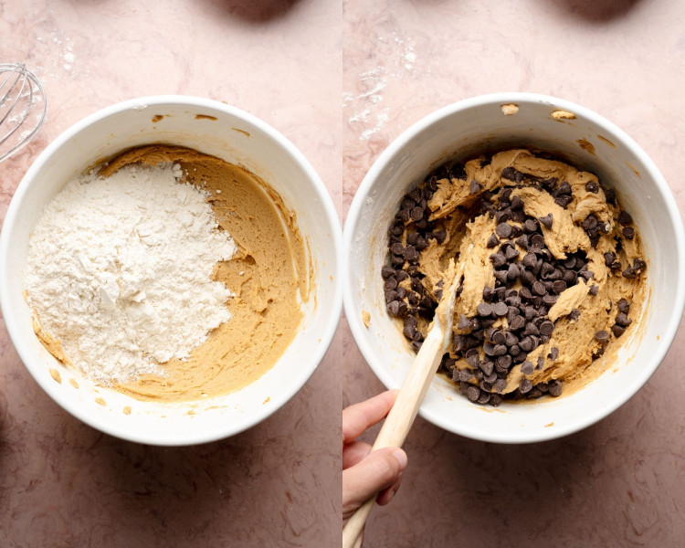 Side-by-side image showing flour being added to wet mixture. Left: flour added on top of the creamed batter. Right: thick cookie dough with chocolate chips folded in.