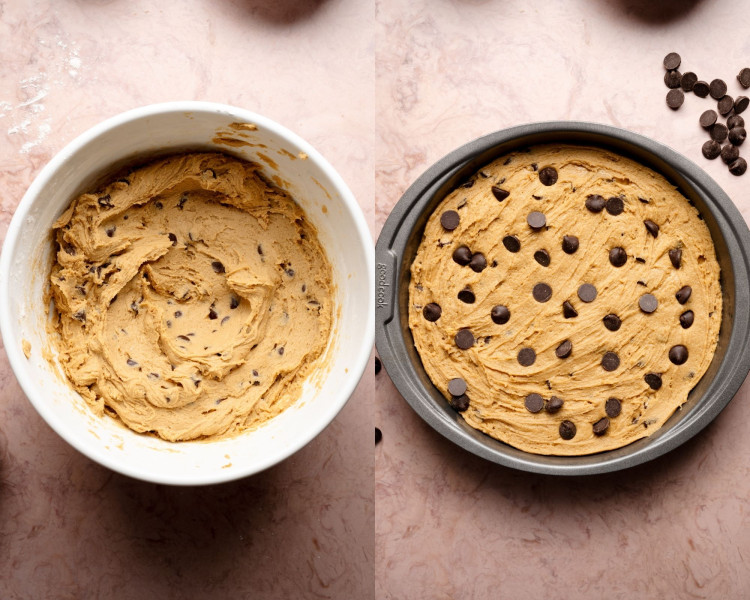 Side-by-side image showing finished cookie dough. Left: thick cookie dough in bowl, speckled with chocolate chips. Right: dough spread evenly into a round baking pan and topped with more chocolate chips.
