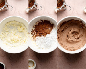 Side-by-side image showing chocolate buttercream preparation. Left: whipped butter in a bowl. Middle: cocoa powder and powdered sugar added. Right: finished chocolate buttercream smooth and fluffy.
