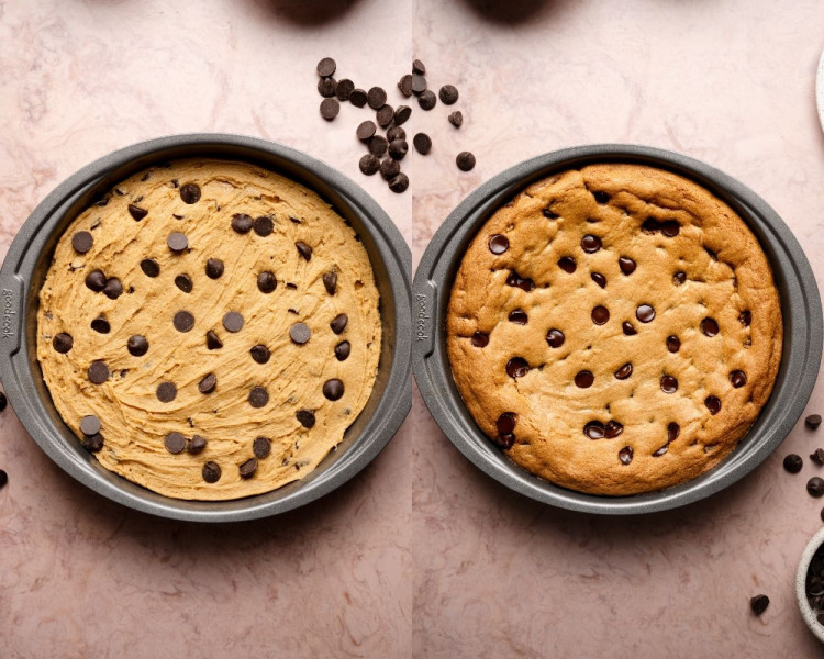 Side-by-side images showing chocolate chip cookie cake before and after baking. Left: unbaked cookie dough spread evenly in a round metal pan, topped with chocolate chips. Right: golden brown baked cookie cake in the same pan, with melted chocolate chips visible across the surface.