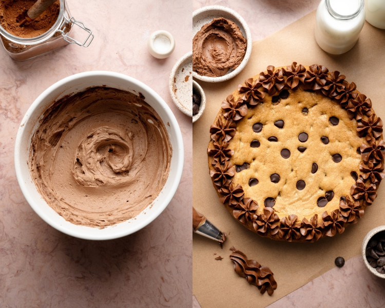 Side-by-side images showing the final steps of decorating a chocolate chip cookie cake. Left: bowl of smooth, fluffy chocolate buttercream ready for piping. Right: baked cookie cake topped with piped chocolate frosting rosettes around the edge, surrounded by bowls of extra frosting, chocolate chips, and bottles of milk.