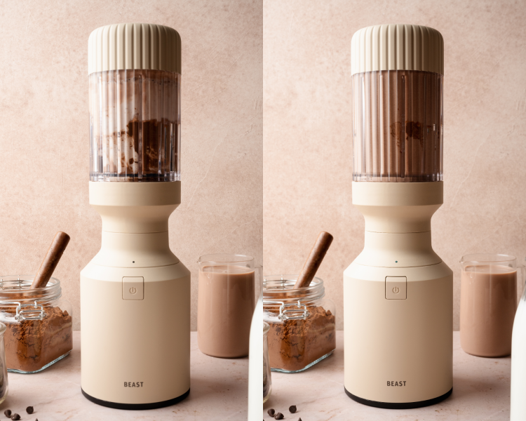 Side-by-side image of blending ninja creami chocolate ice cream in blender before adding to pint container.