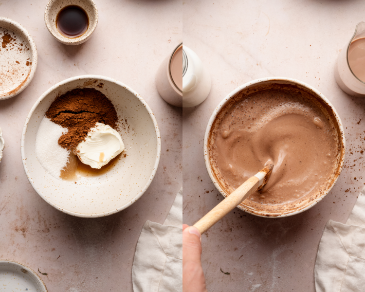Side-by-side image of creami ingredients together in a small bowl then whisking together before adding to pint container.