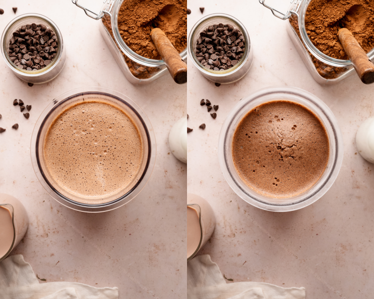 Side-by-side image of chocolate ice cream mixture poured into pint container and then frozen for 24 hours.