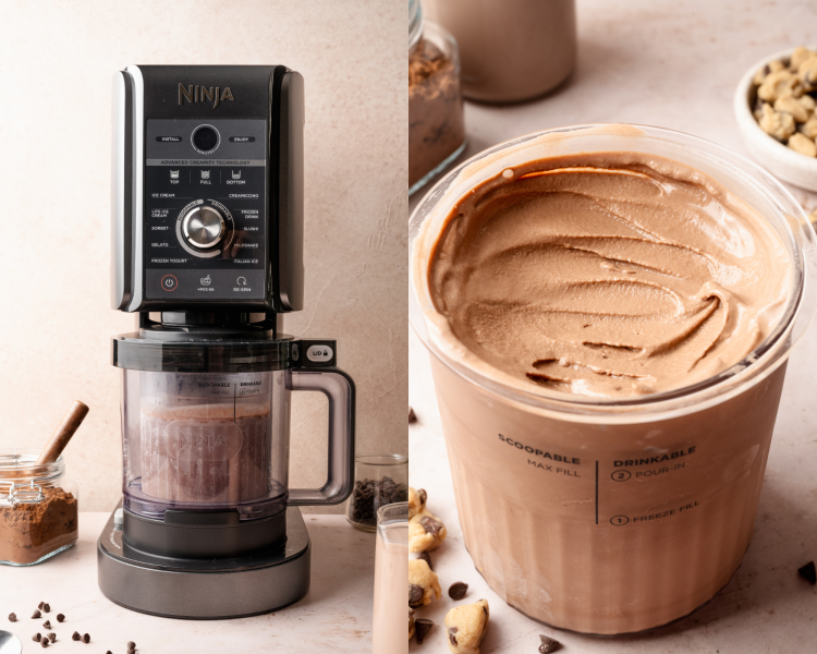 Side-by-side image of adding pint container to ninja base then pint container after spinning on Lite Ice Cream cycle 1x.