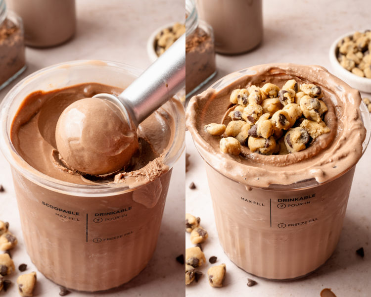 Side-by-side image of scooping out hole in chocolate creami pint container and adding in edible cookie dough.