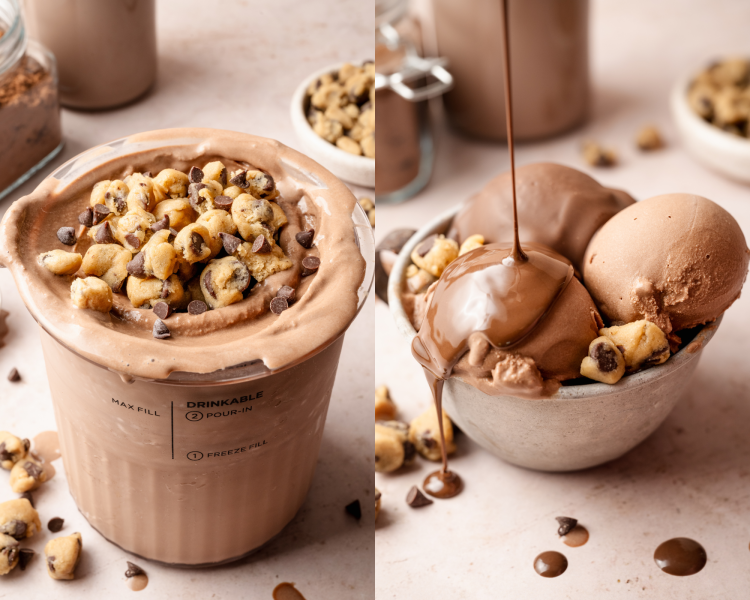Side-by-side image of chocolate ninja creami pint topped with cookie dough ice cream and then ice cream scooped into small bowl and topped with more cookie dough and chocolate shell.