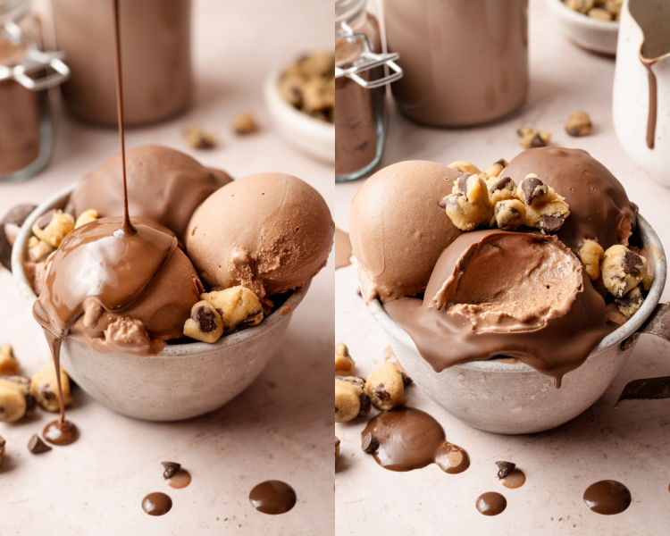 Side-by-side image of chocolate ice cream with bits of cookie dough in small bowl pouring chocolate sauce on top.